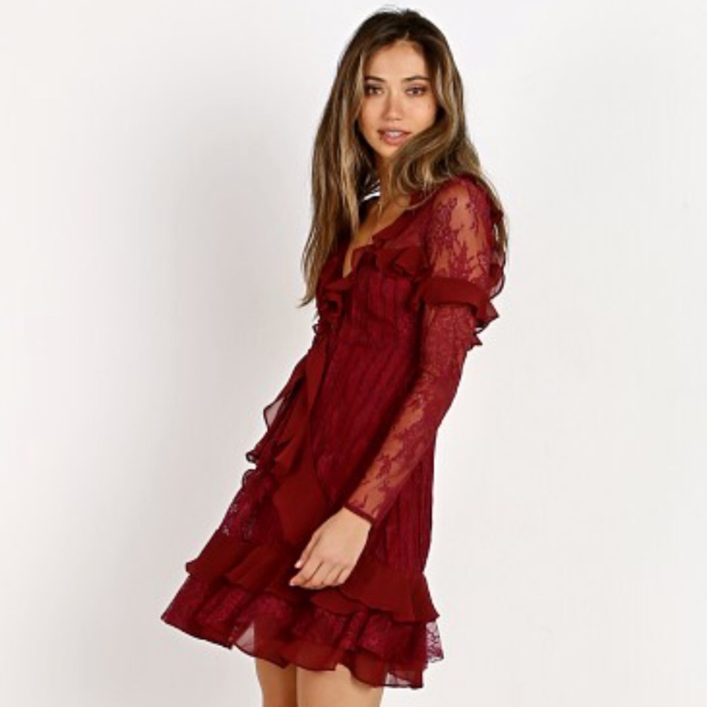 🆕️ For Love & Lemons Long Sleeves Lace Wine Red Dress. NWT